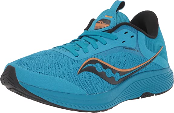 Men's Saucony Freedom 5. Blue upper. Blue midsole. Lateral view.
