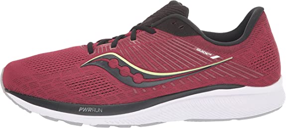 Men's Saucony Guide 14. Dark Red upper. White midsole. Lateral view.