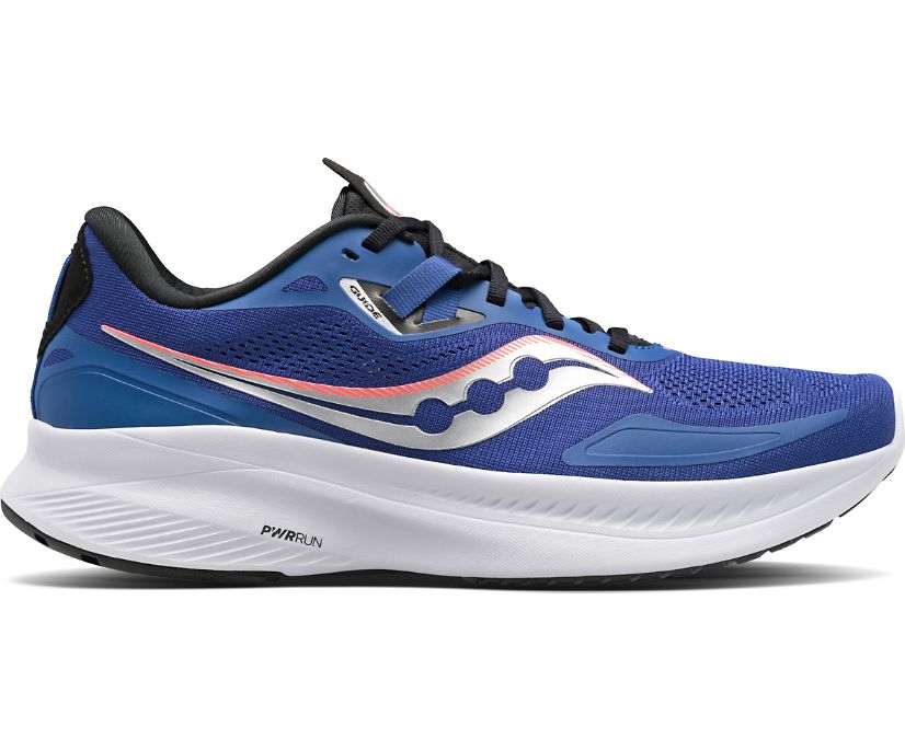 Men's Saucony Guide 15. Blue upper. White midsole. Lateral view.