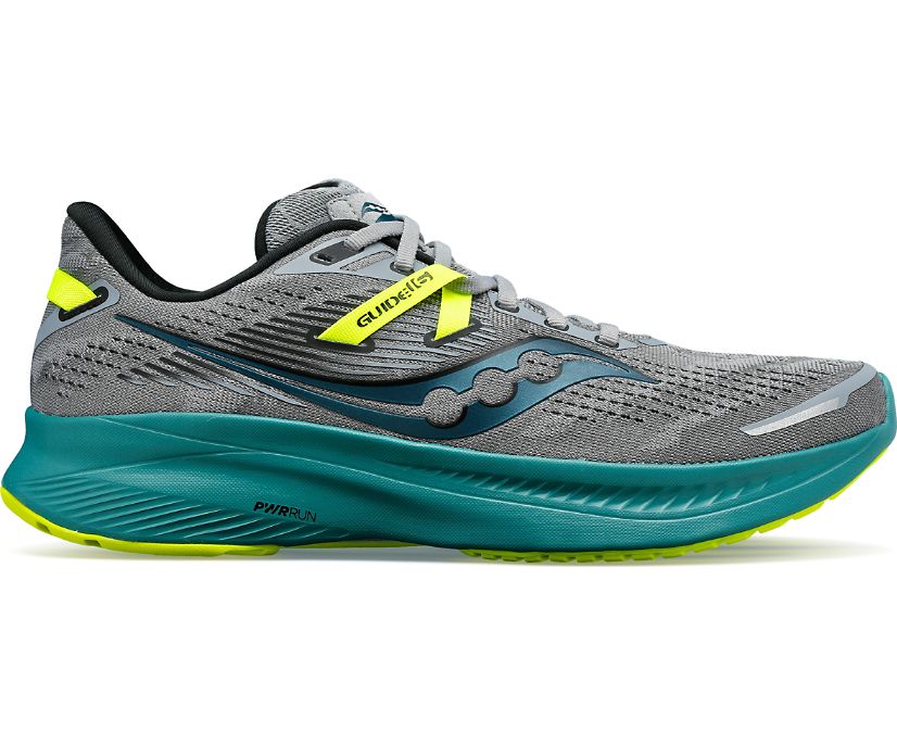 Men's Saucony Guide 16. Grey upper. Green midsole. Lateral view.