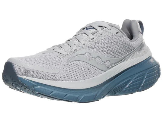 Men's Saucony Guide 17. Grey upper. Blue midsole. Lateral view.