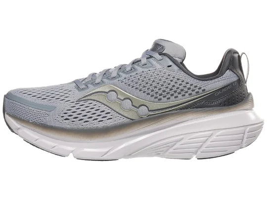 Men's Saucony Guide 17. Grey upper. White midsole. Lateral view.