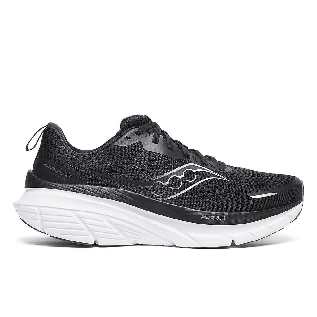 Men's Saucony Guide 18. Black upper. White midsole. Lateral view.