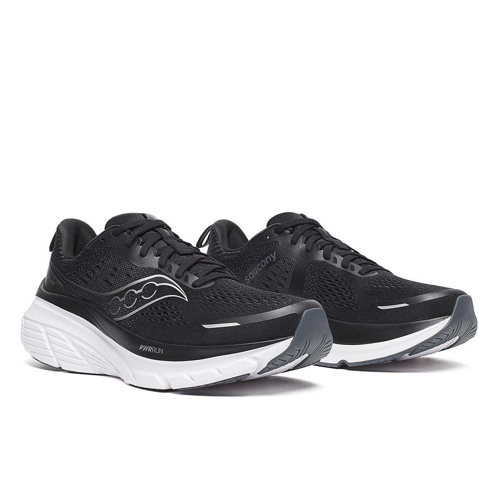 Men's Saucony Guide 18. Black upper. White midsole. Lateral view.