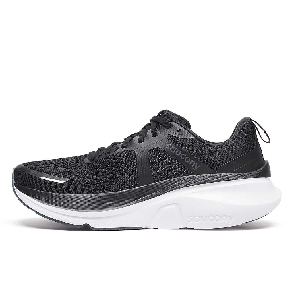 Men's Saucony Guide 18. Black upper. White midsole. Medial view.