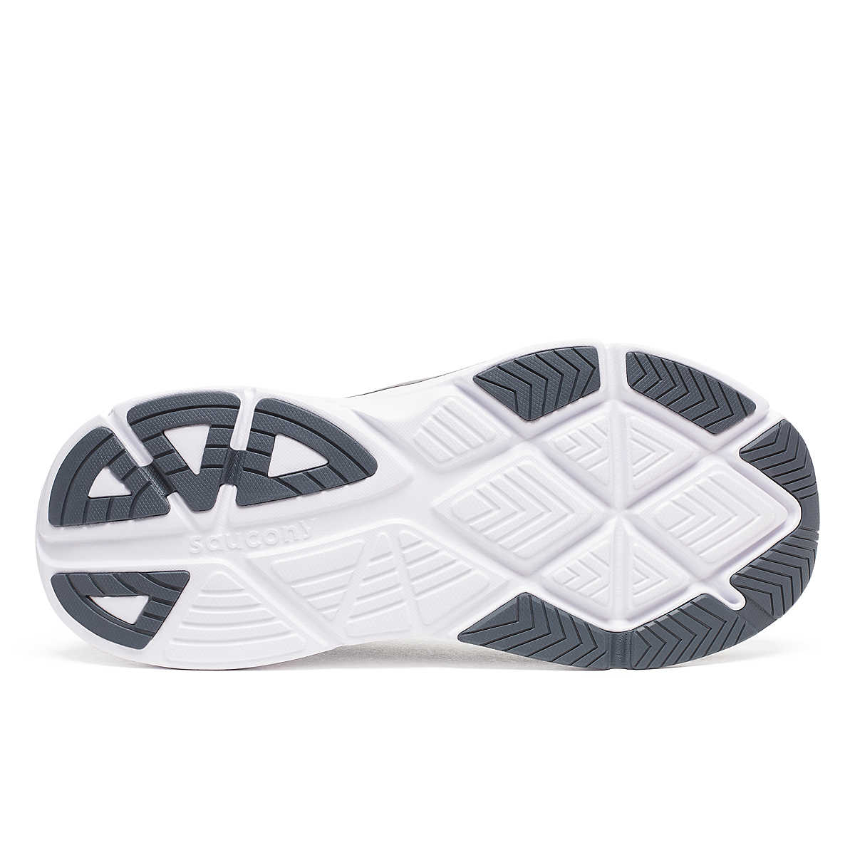 Men's Saucony Guide 18. Black upper. White midsole. Bottom view.
