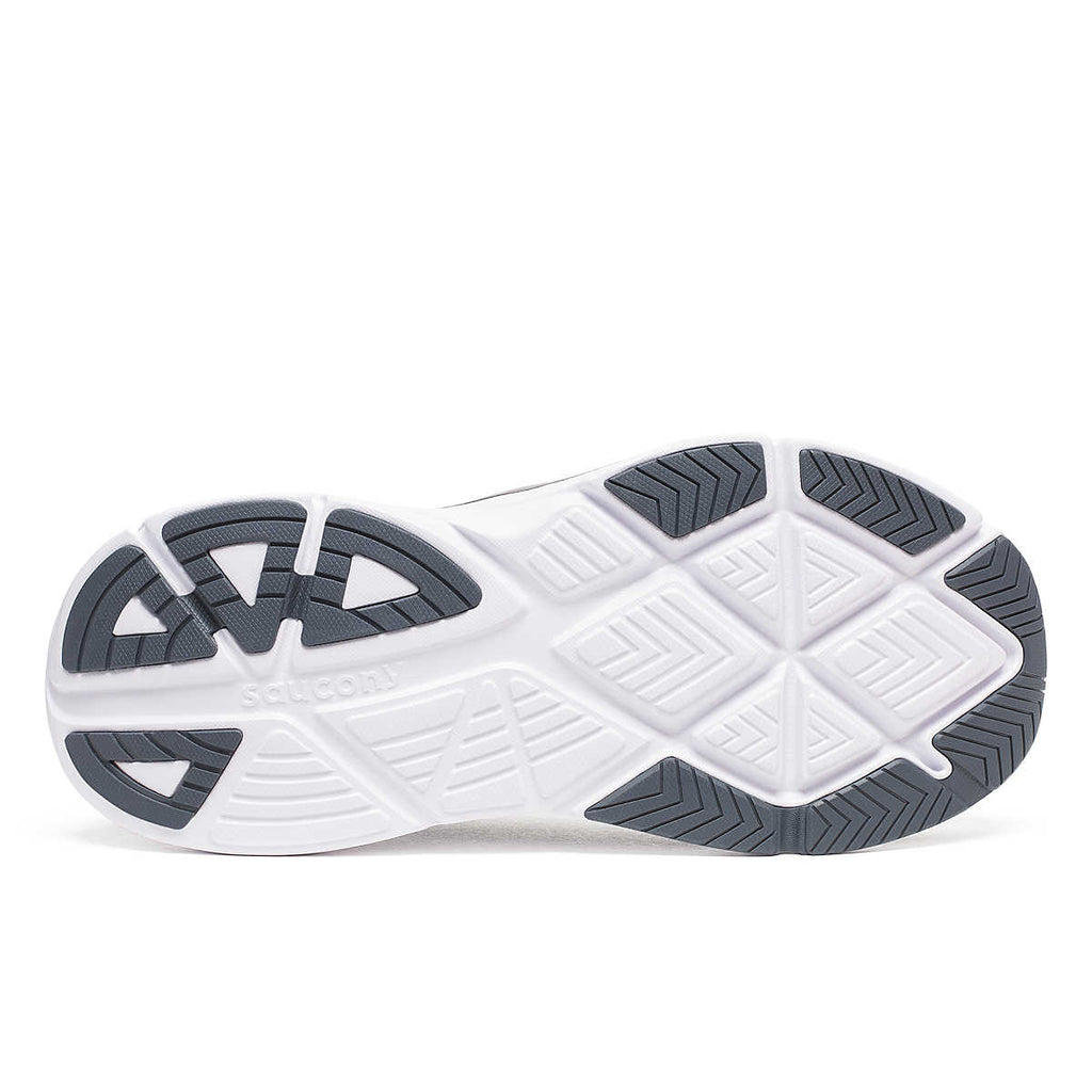 Men's Saucony Guide 18. Black upper. White midsole. Bottom view.