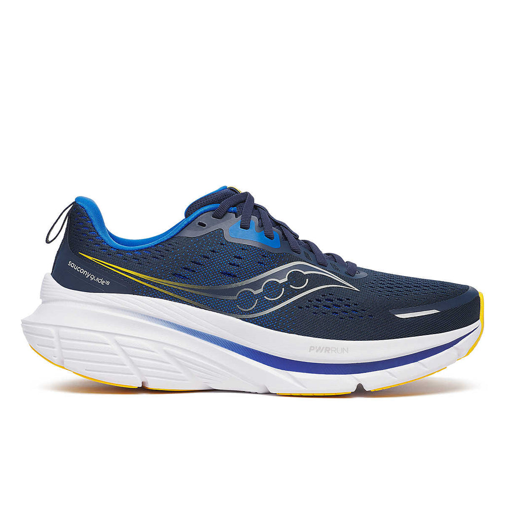 Men's Saucony Guide 18. Navy upper. White midsole. Lateral view.