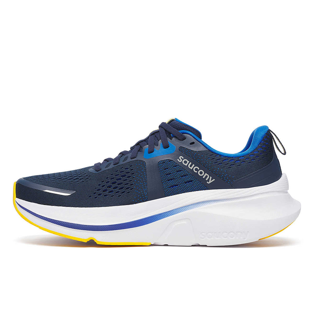 Men's Saucony Guide 18. Navy upper. White midsole. Medial view.