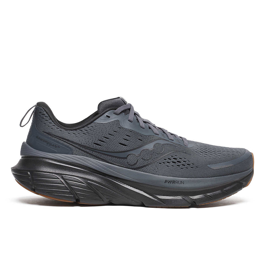 Men's Saucony Guide 18. Black upper. Black midsole. Lateral view.