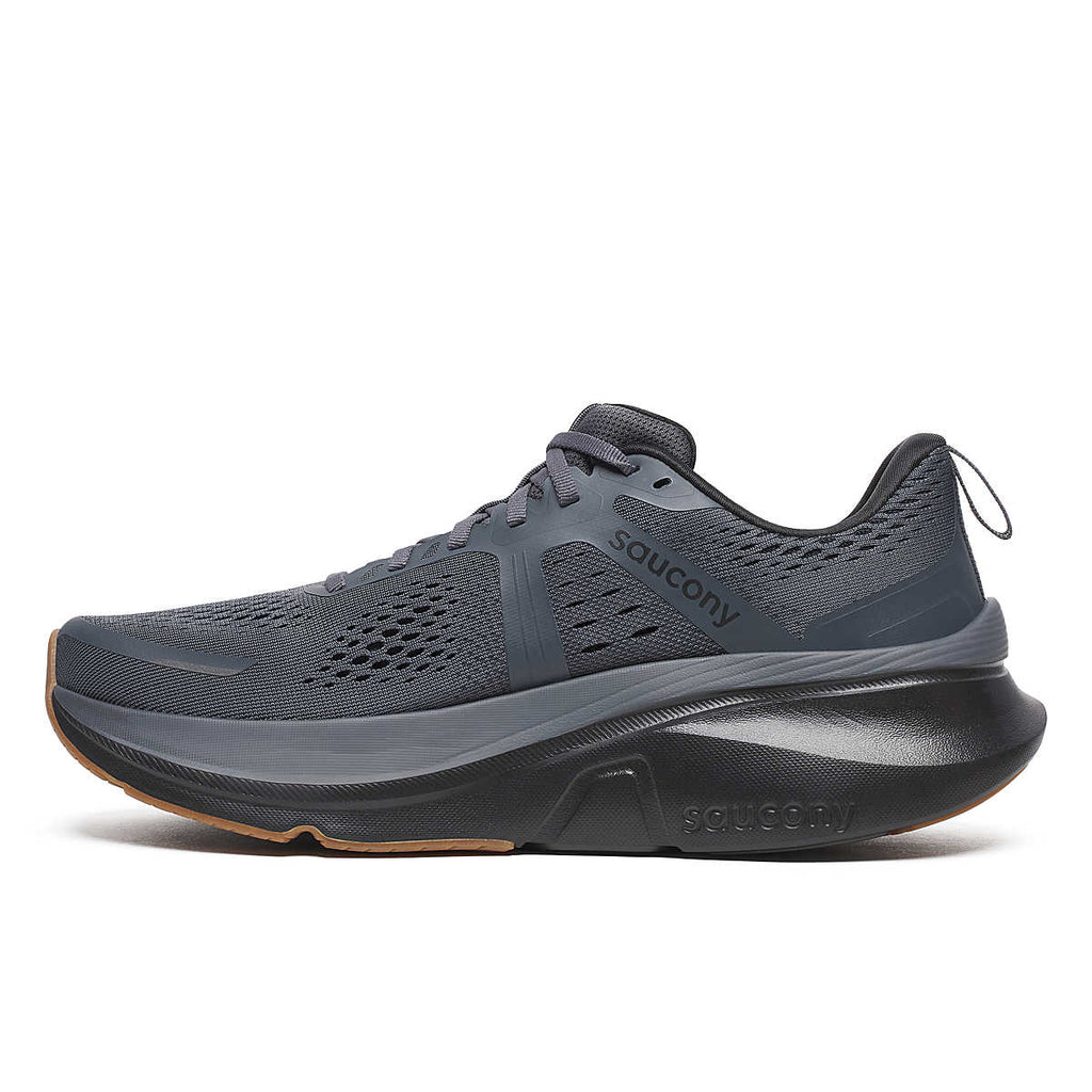 Men's Saucony Guide 18. Black upper. Black midsole. Medial view.