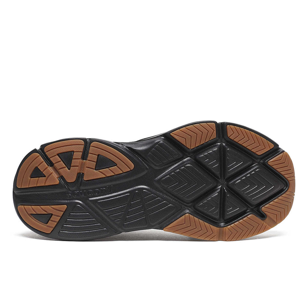 Men's Saucony Guide 18. Black upper. Black midsole. Bottom view.