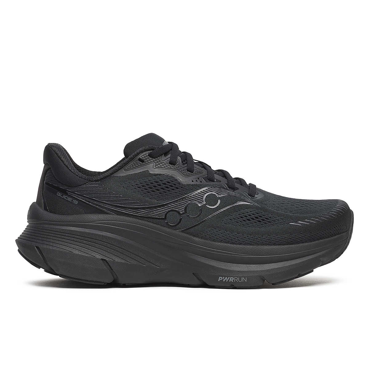 Men's Saucony Guide 19. Black upper. Black midsole. Lateral view.