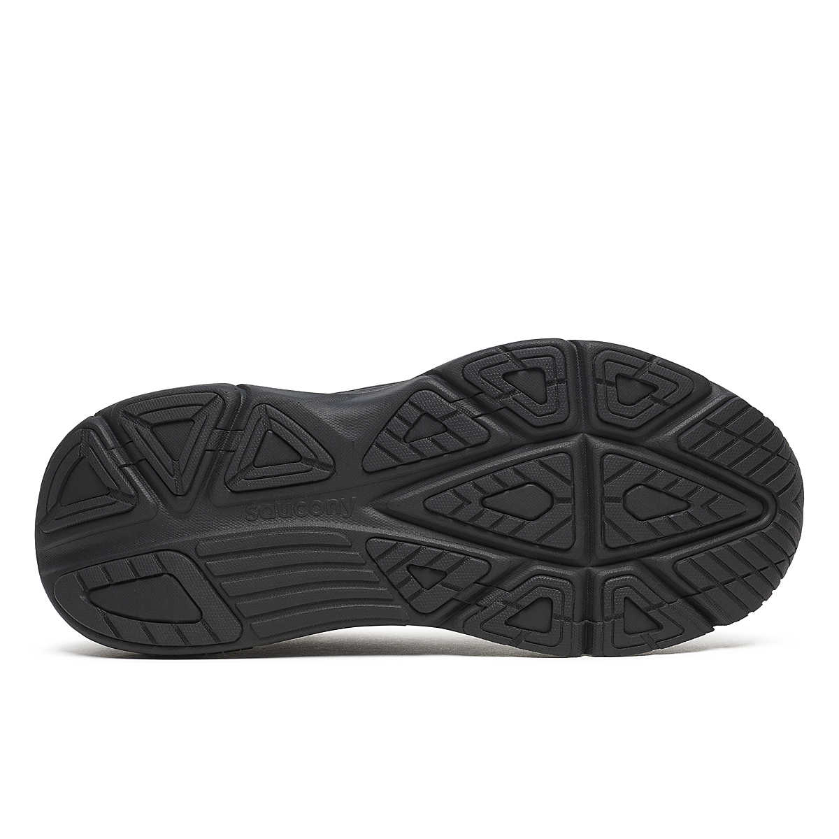 Men's Saucony Guide 19. Black upper. Black midsole. Bottom view.