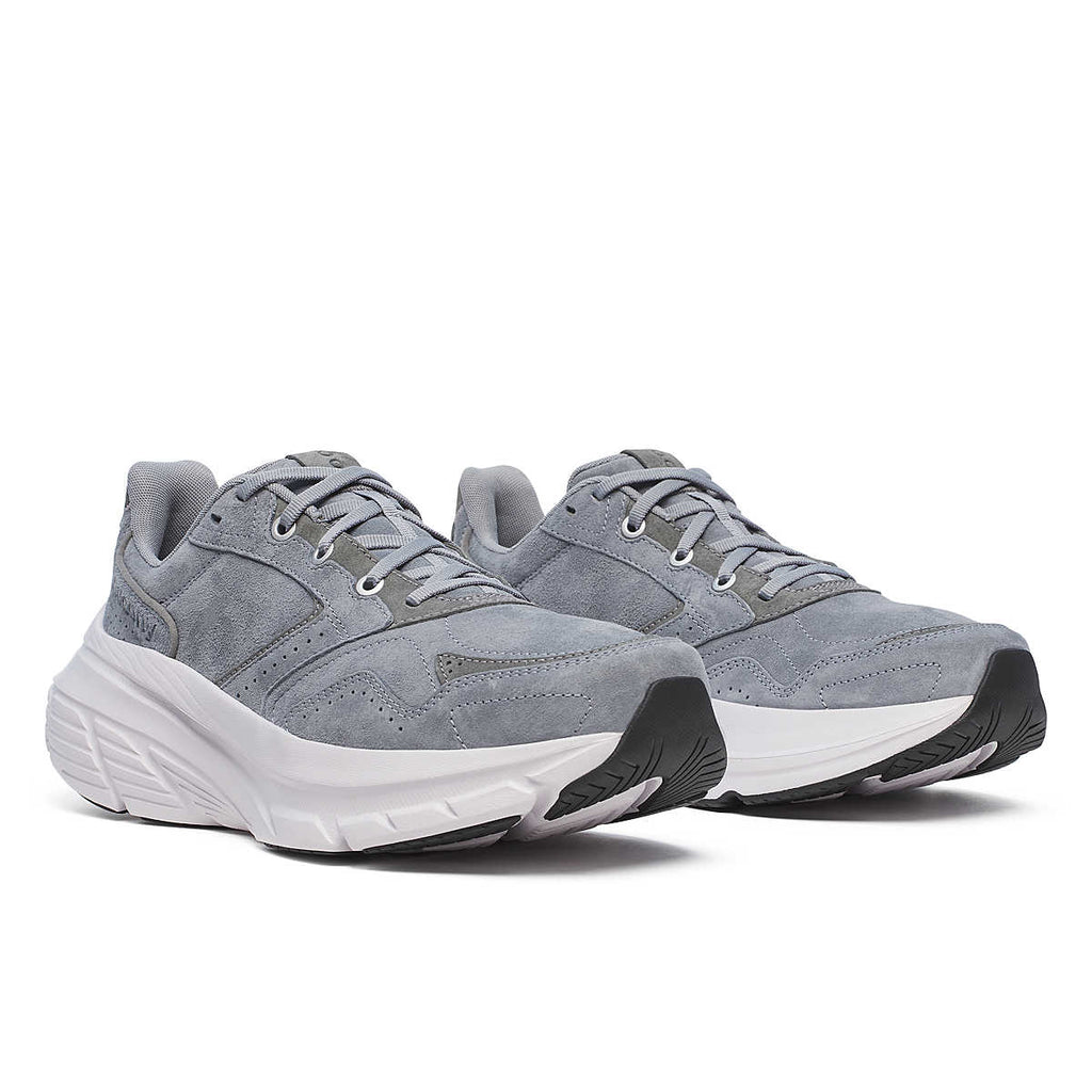 Men's Saucony Guide Metro LE. Grey upper. White midsole. Lateral view.