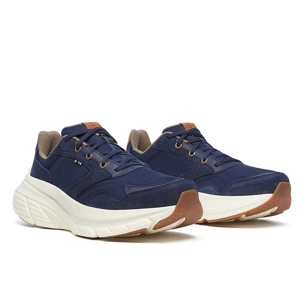 Mens Saucony Guide Metro. Navy upper. White midsole. Angled Lateral view.