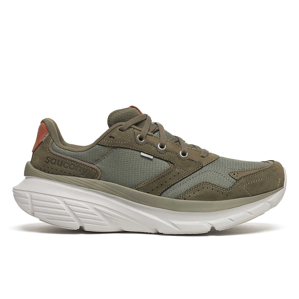 Men's Saucony Guide Metro. Olive upper. White midsole. Lateral view.