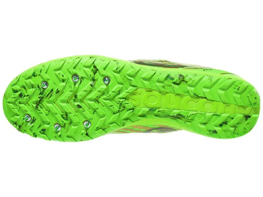 Men's Saucony Havok XC3. Green upper. Bottom view.