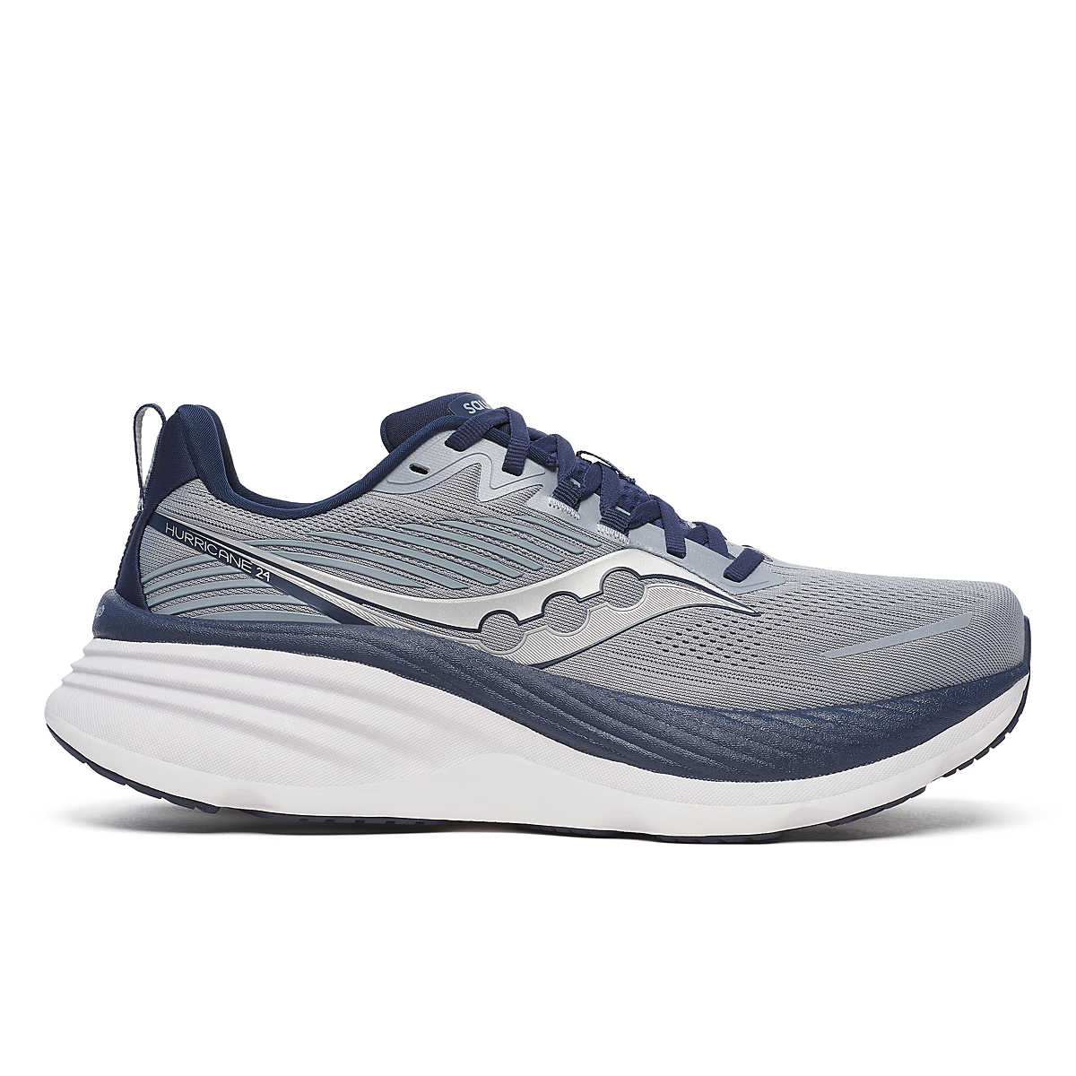 Men's Saucony Hurricane 25. Grey upper. White midsole. Lateral view.