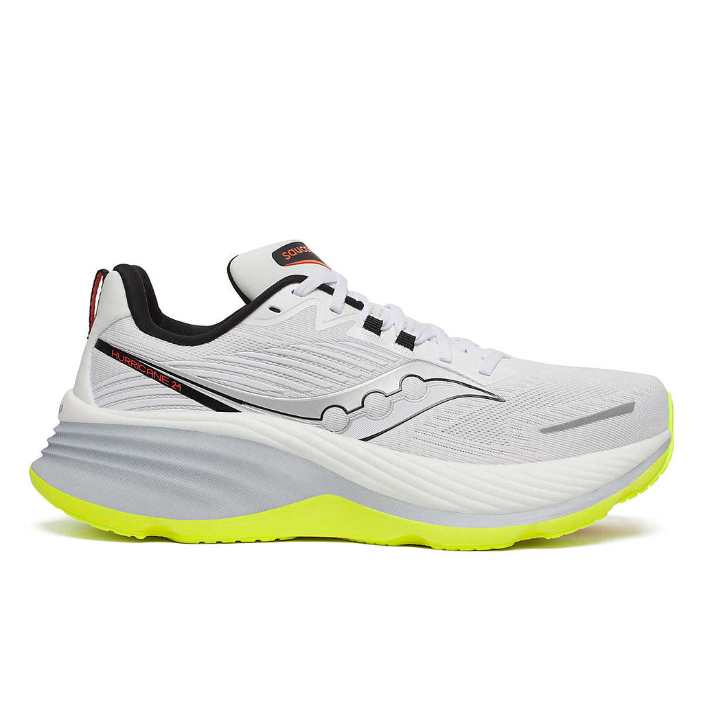 Men's Saucony Hurricane 24. White upper. White/Grey midsole. Lateral view.