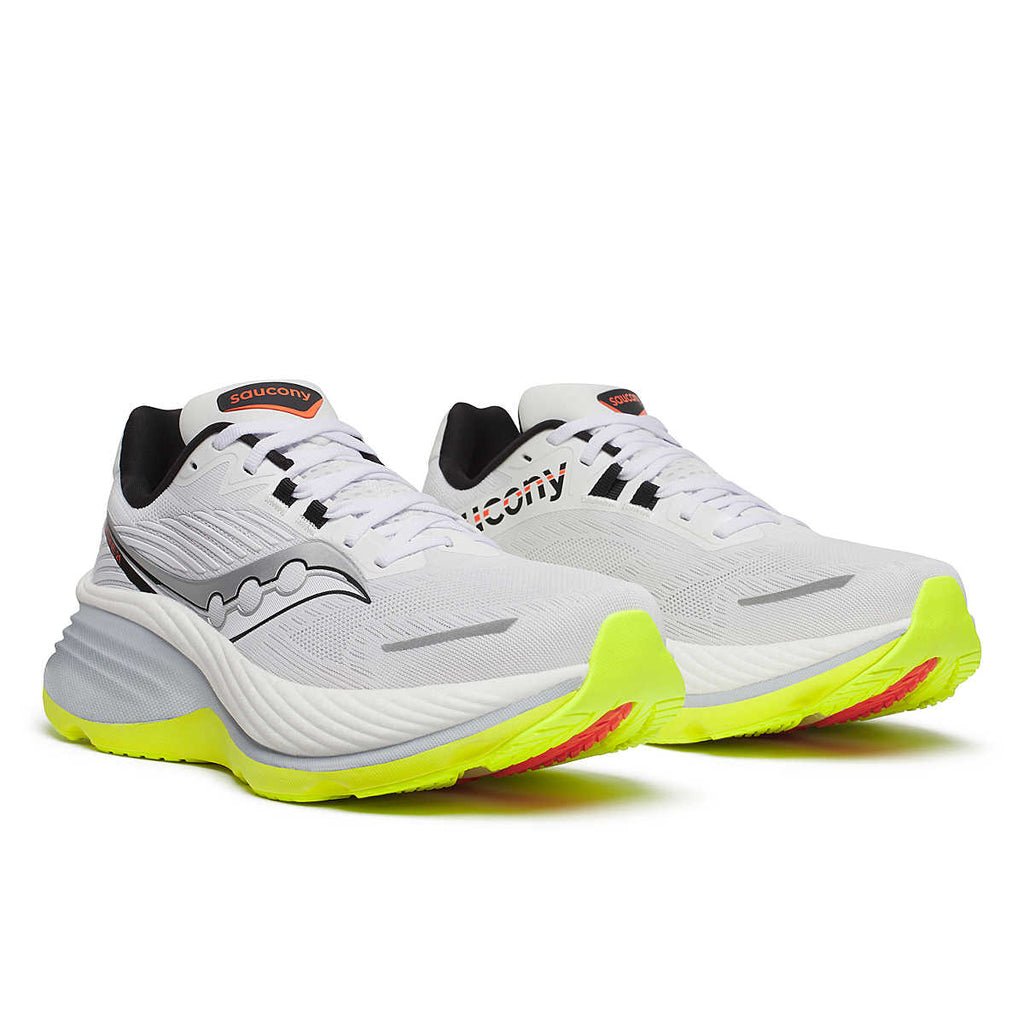 Men's Saucony Hurricane 24. White upper. White/Grey midsole. Lateral view.