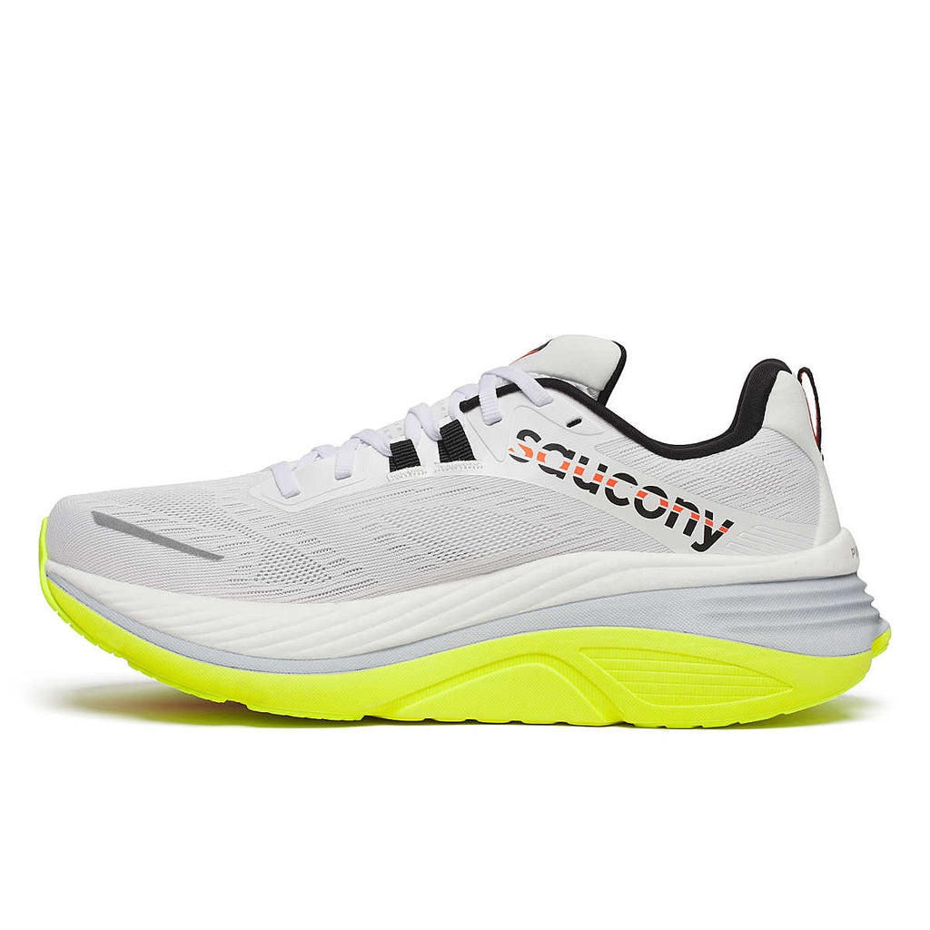 Men's Saucony Hurricane 24. White upper. White/Grey midsole. Medial view.
