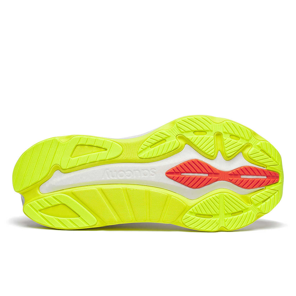 Men's Saucony Hurricane 24. White upper. White/Grey midsole. Bottom view.