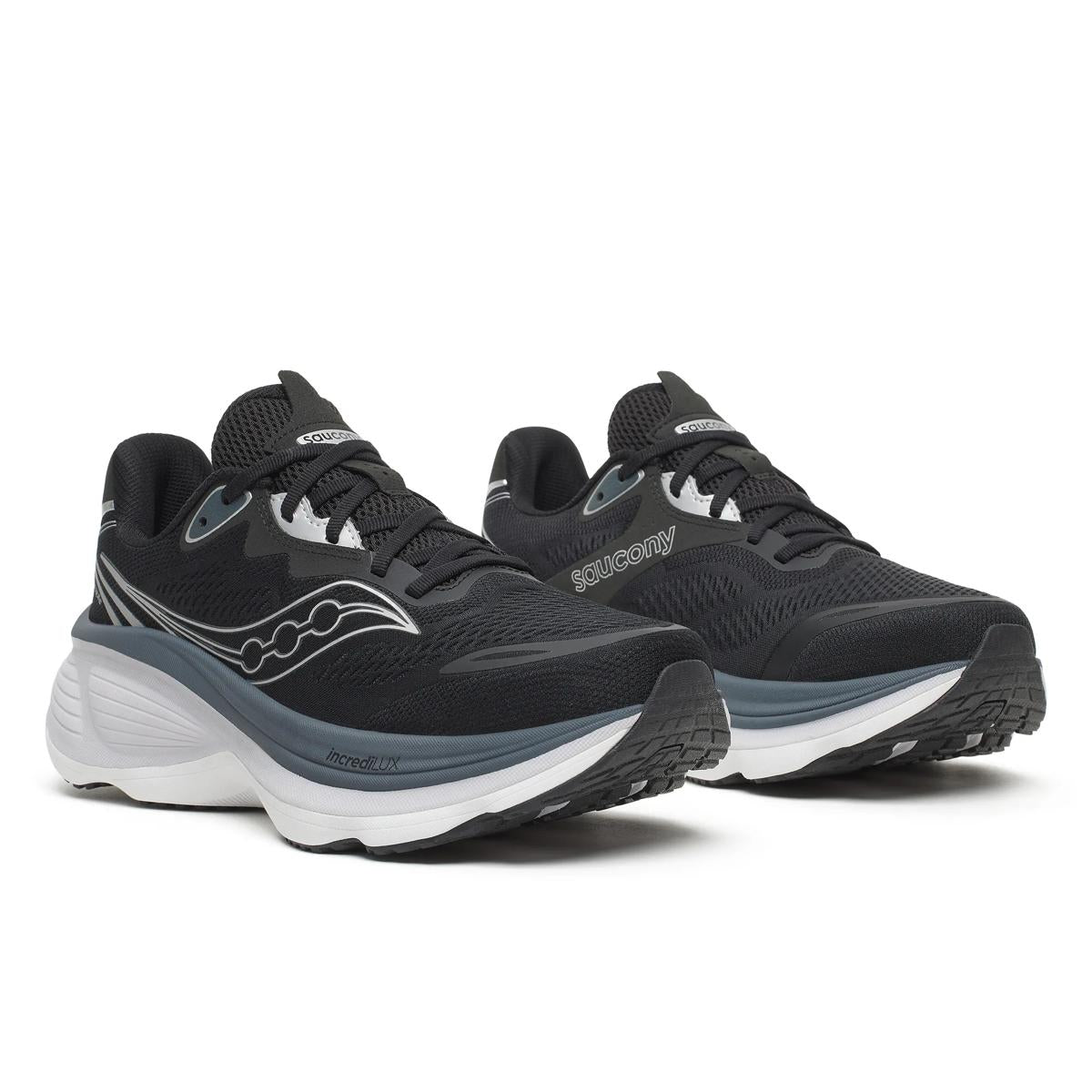 Men's Saucony Hurricane 26. Black upper. White midsole. Lateral view.