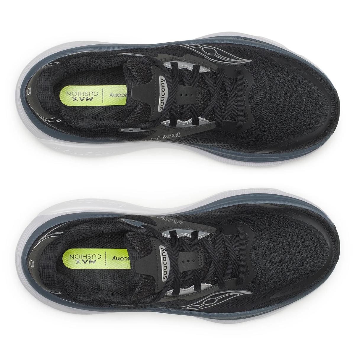 Men's Saucony Hurricane 26. Black upper. White midsole. Top view.