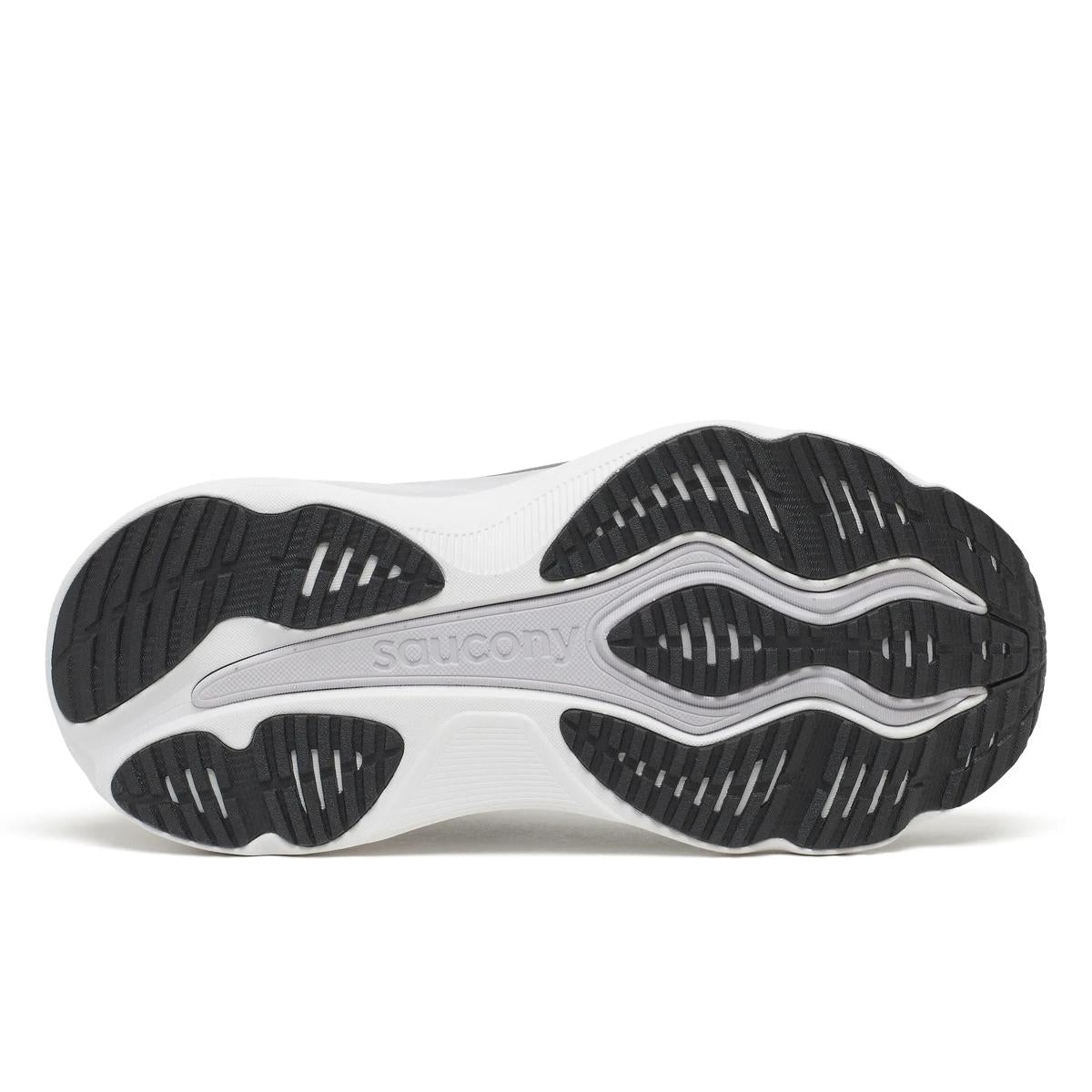 Men's Saucony Hurricane 26. Black upper. White midsole. Bottom view.