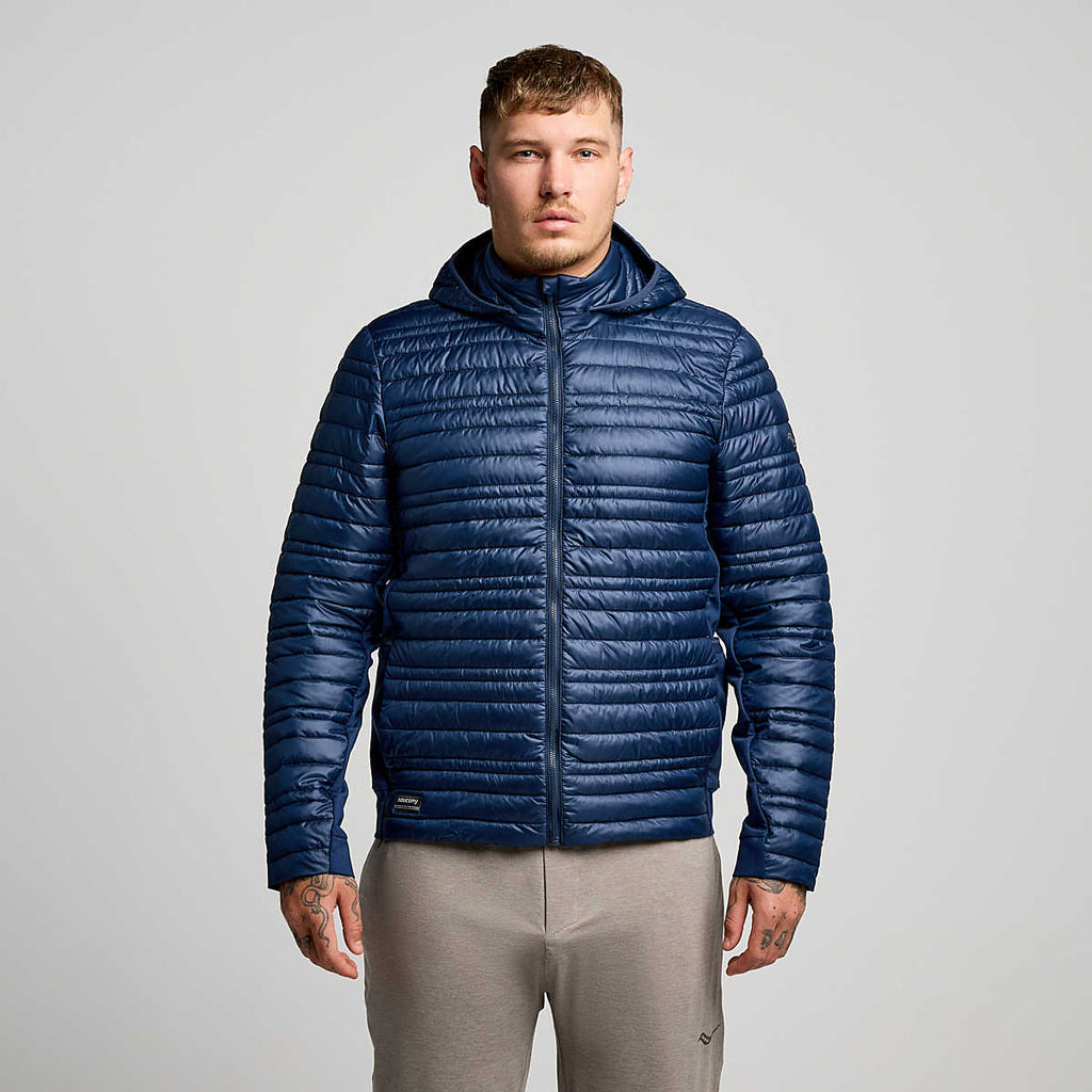Men's Saucony Hurricane Insulated Jacket. Navy. Front view.