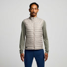 Men's Saucony Hurricane Insulated Vest. Tan. Front view.