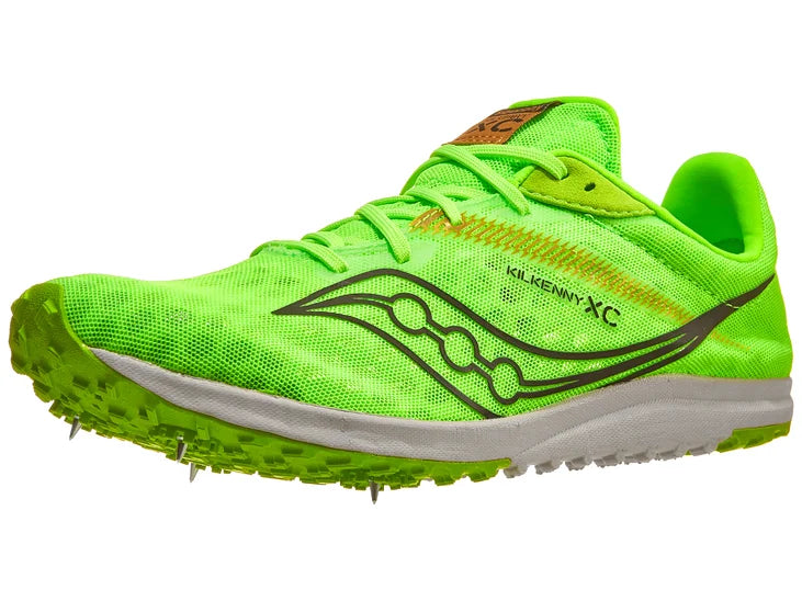 Men's Saucony Kilkenny XC 9. Neon Green upper. White midsole. Lateral view.
