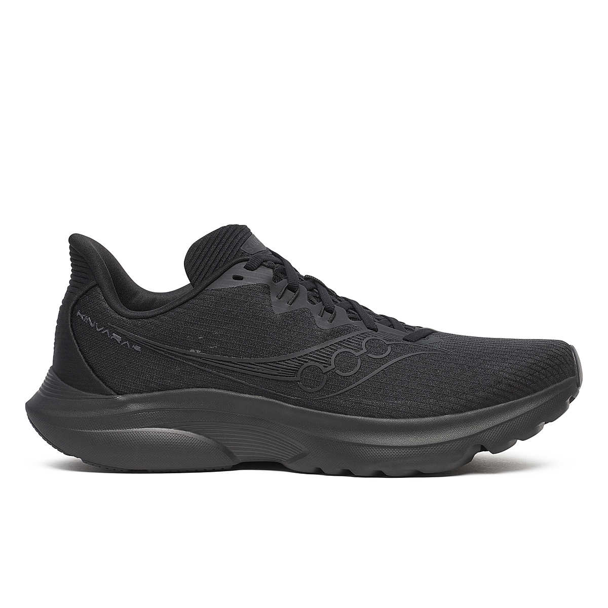 Men's Saucony Kinvara 16. Black upper. Black midsole. Lateral view.