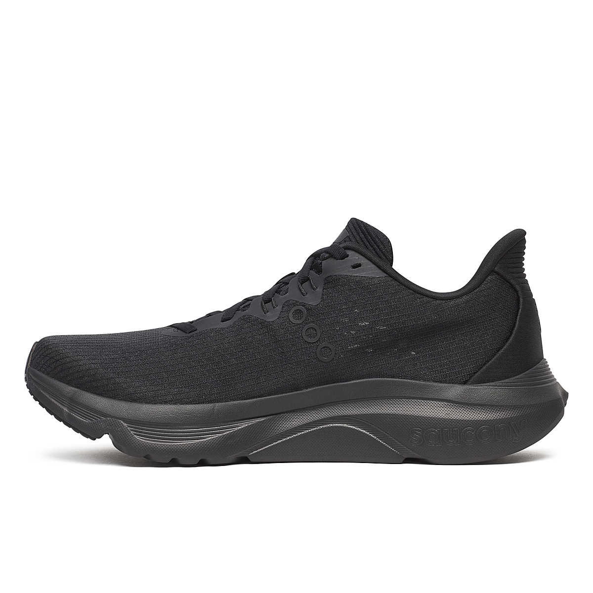 Men's Saucony Kinvara 16. Black upper. Black midsole. Medial view.