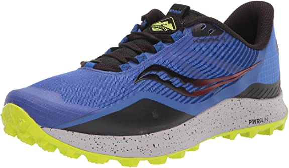 Men's Saucony Peregrine 12. Blue upper. Grey midsole. Lateral view.