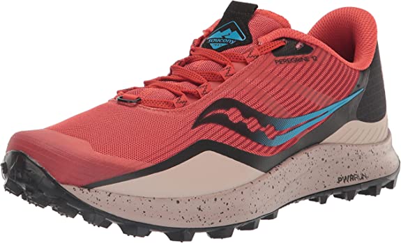 Men's Saucony Peregrine 12. Red upper. Grey midsole. Lateral view.