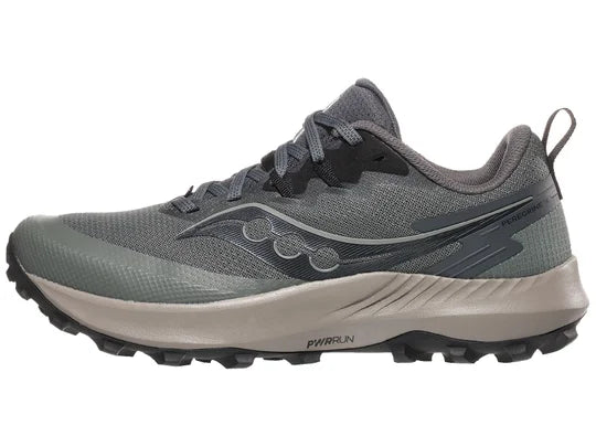 Men's Saucony Peregrine 14. Grey/Green upper. Grey midsole. Lateral view.