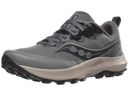 Men's Saucony Peregrine 14. Grey/Green upper. Grey midsole. Lateral view.