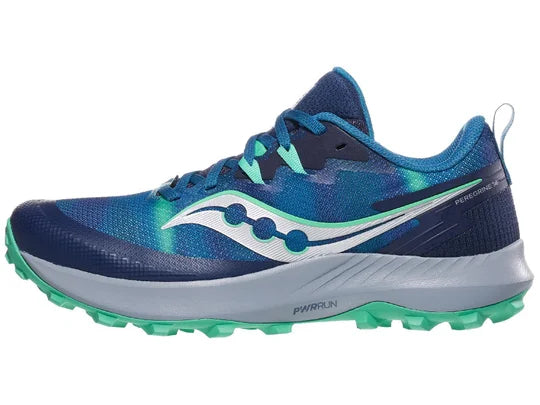 Men's Saucony Peregrine 14. Blue upper. Grey midsole. Lateral view.