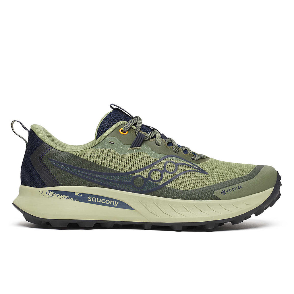 Men's Saucony Peregrine 15 GTX. Green upper. Tan midsole. Lateral view.