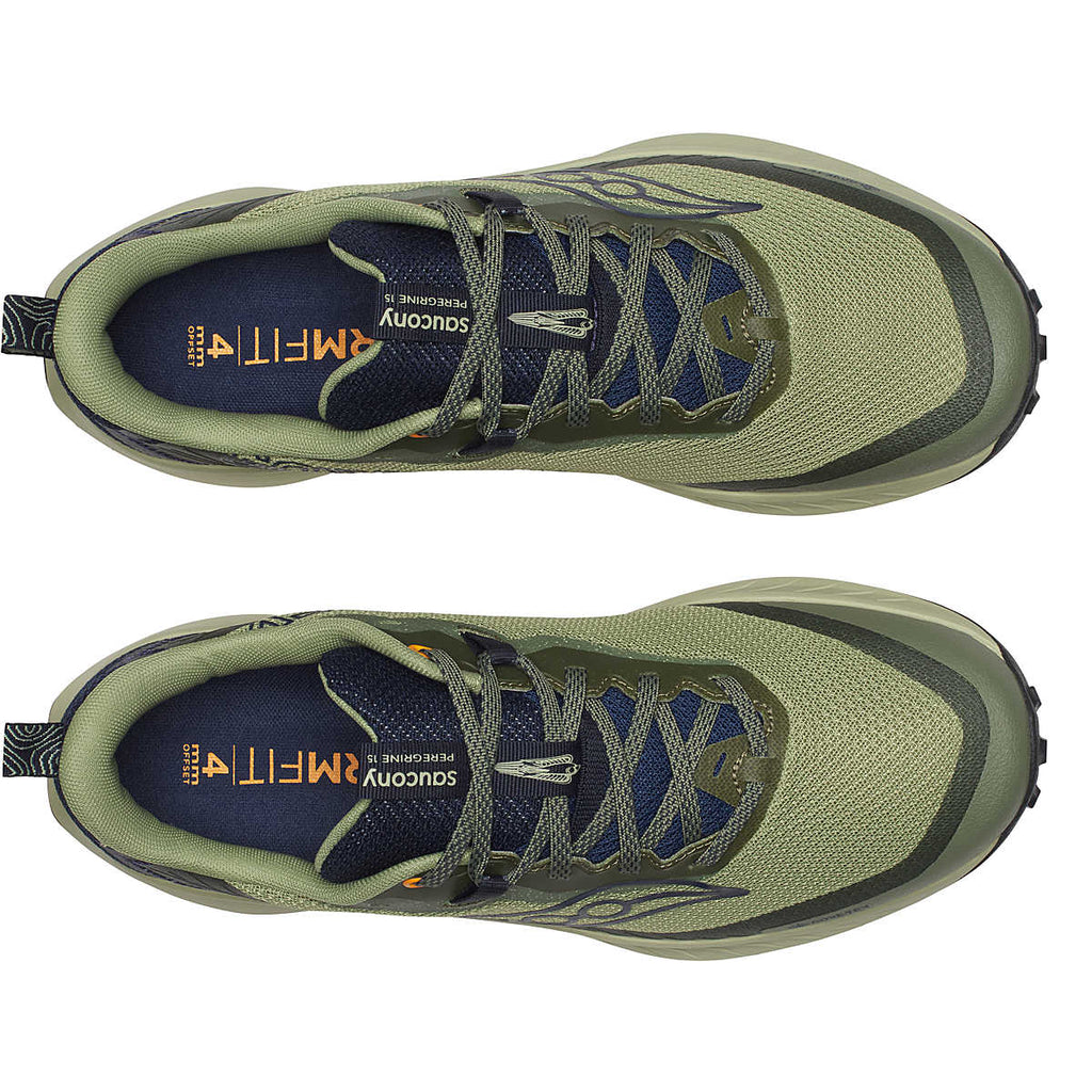 Men's Saucony Peregrine 15 GTX. Green upper. Tan midsole. Top view.