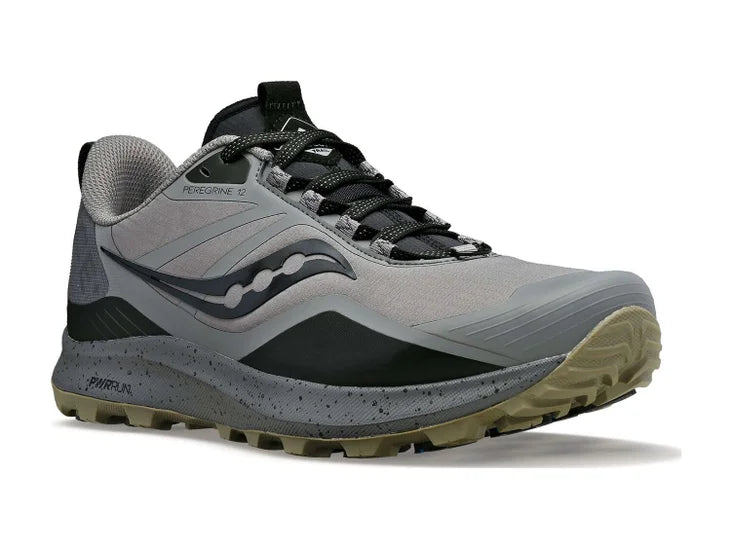 Men's Saucony Peregrine ICE 3. Grey upper. Grey midsole. Lateral view.