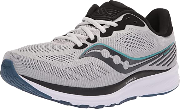 Men's Saucony Ride 14. Grey upper. White midsole. Lateral view.