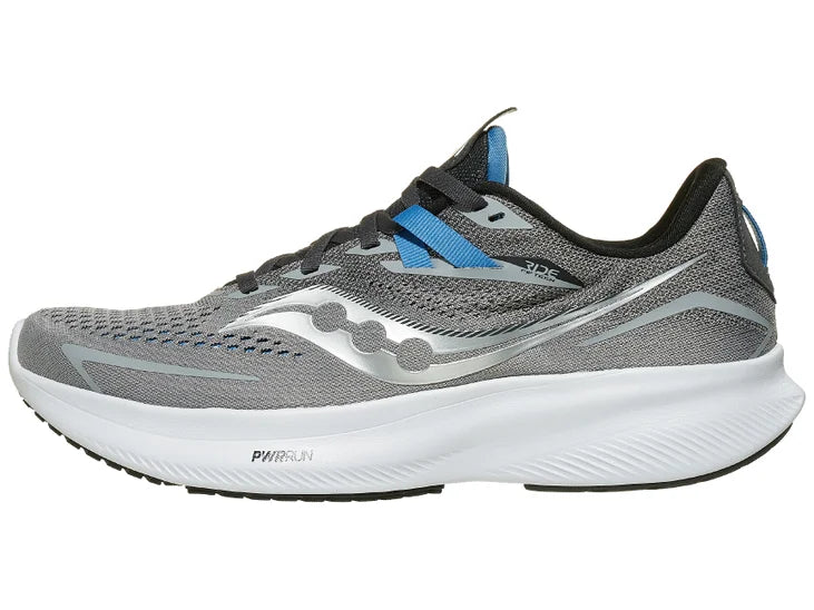 Men's Saucony Ride 15. Grey upper. White midsole. Lateral view.
