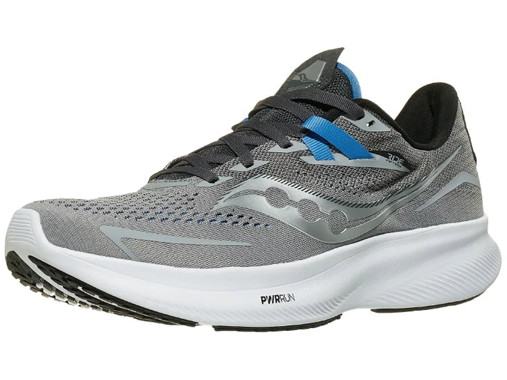 Men's Saucony Ride 15 in alloy/Topaz (mid-grey with some blue and black), front lateral view
