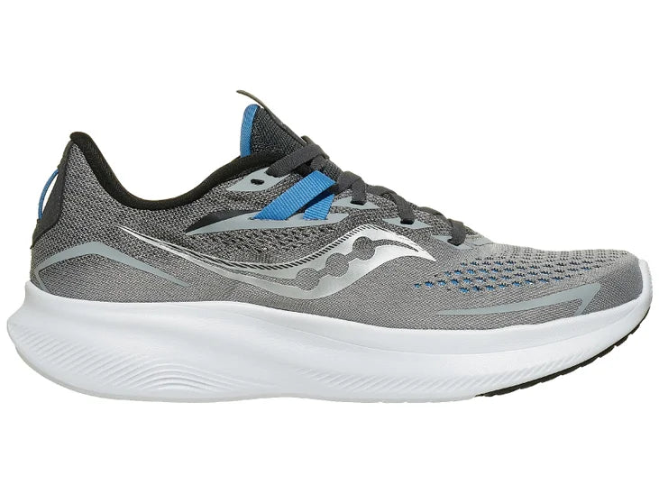 Men's Saucony Ride 15 in alloy/Topaz (mid-grey with some blue and black), medial view