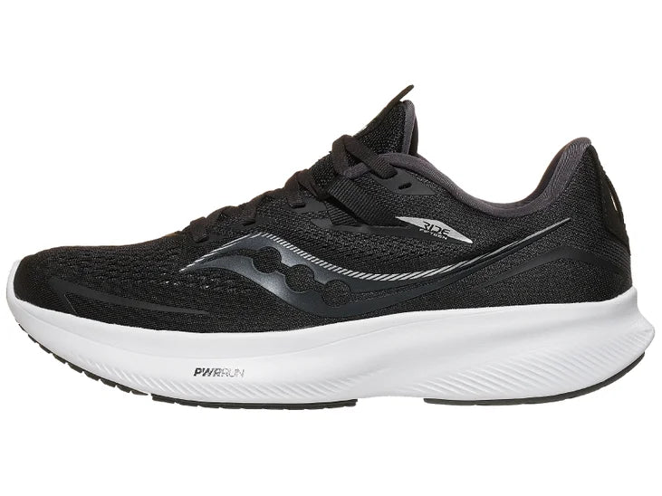 Men's Saucony Ride 15 in Black/White (black upper and white midsole). Lateral view