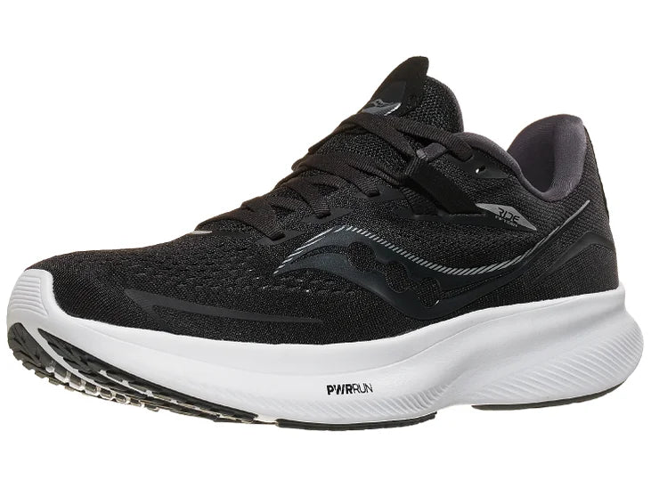 Men's Saucony Ride 15 in Black/White (black upper and white midsole).  Front lateral view