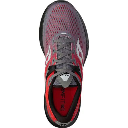 Men's Saucony Ride 15 in Charcoal/Red Sky (red on heel fading to charcoal on toe, charcoal laces, black midsole/outsole). Top view 